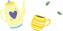 Cartoon kettle, teacup, and leaves in the background