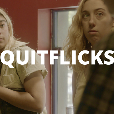 Two young women with the word QuitFlicks superimposed
