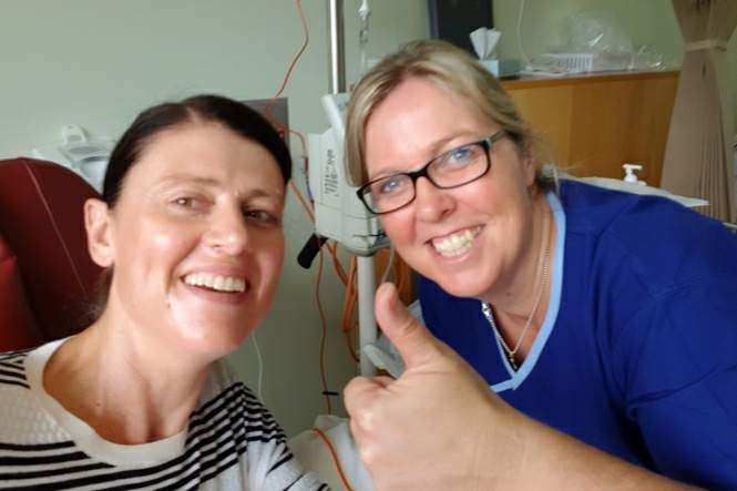 Claire with one of her amazing chemo nurses, Lisa, on the first day of chemotherapy – 10 April 2018.