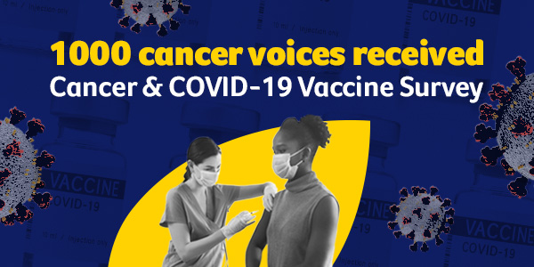 cancer and covid-19 vaccine branding with a woman receiving a vaccine from a nurse in the centre