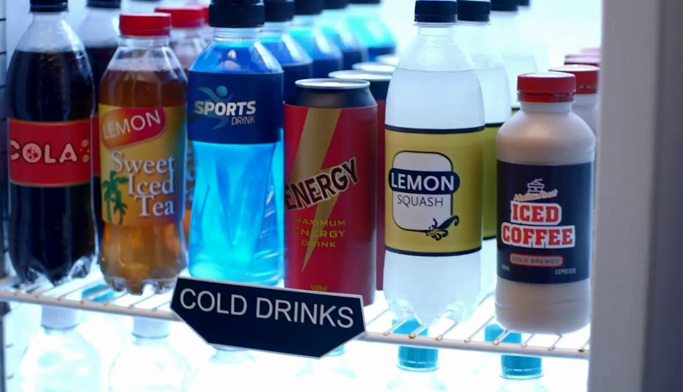 Sugary drinks in a fridge