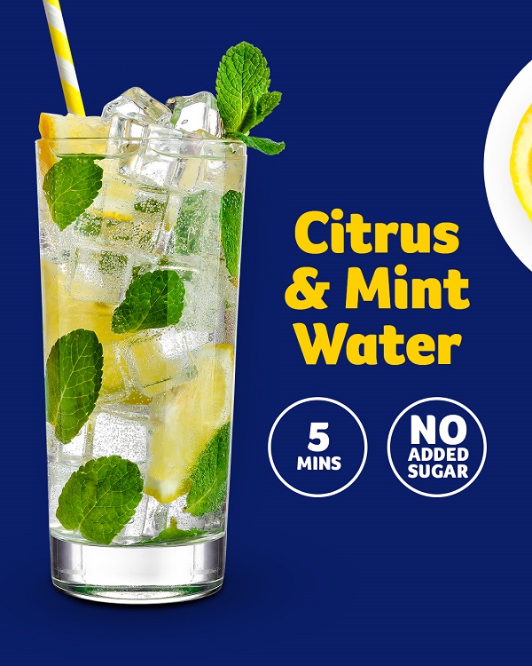 Citrus and mint water, 5 mins, no added sugar